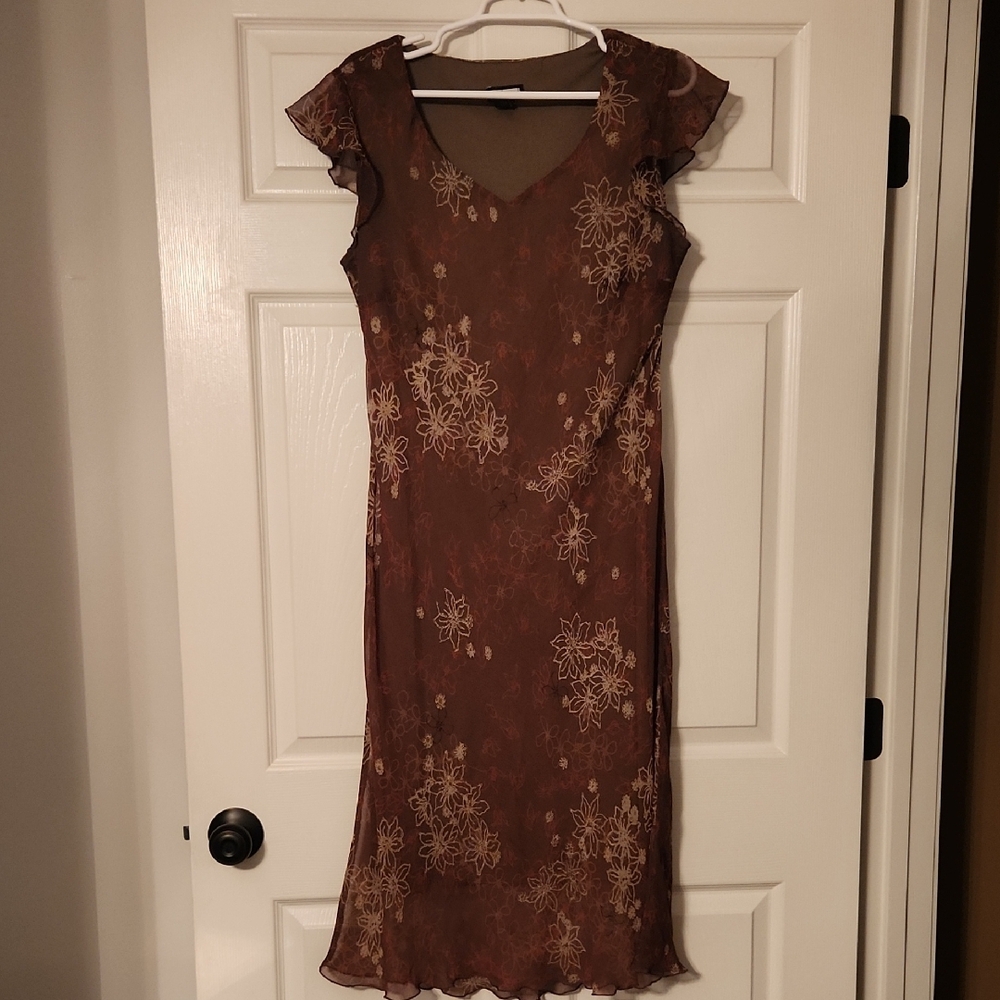 💚034 Brown Sheath Midi Dress with Flutter Cap Sleeves